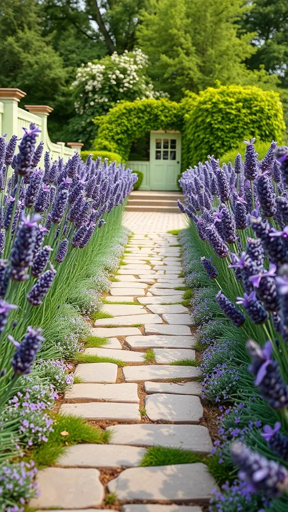 21+ Stunning Lavender and Hydrangea Landscaping Ideas to Transform Your Garden 5 A serene lavender pathway lined with blooming lavender plants and stone pavers.