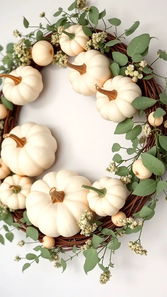 A wreath featuring white pumpkins and greenery, perfect for fall decor.