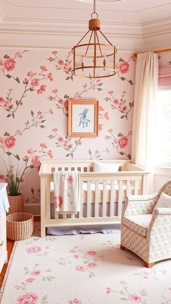 27+ Stunning Ralph Lauren Nursery Ideas for Your Little One 12 A beautifully decorated nursery with floral wallpaper, a light wood crib, and a cozy armchair.