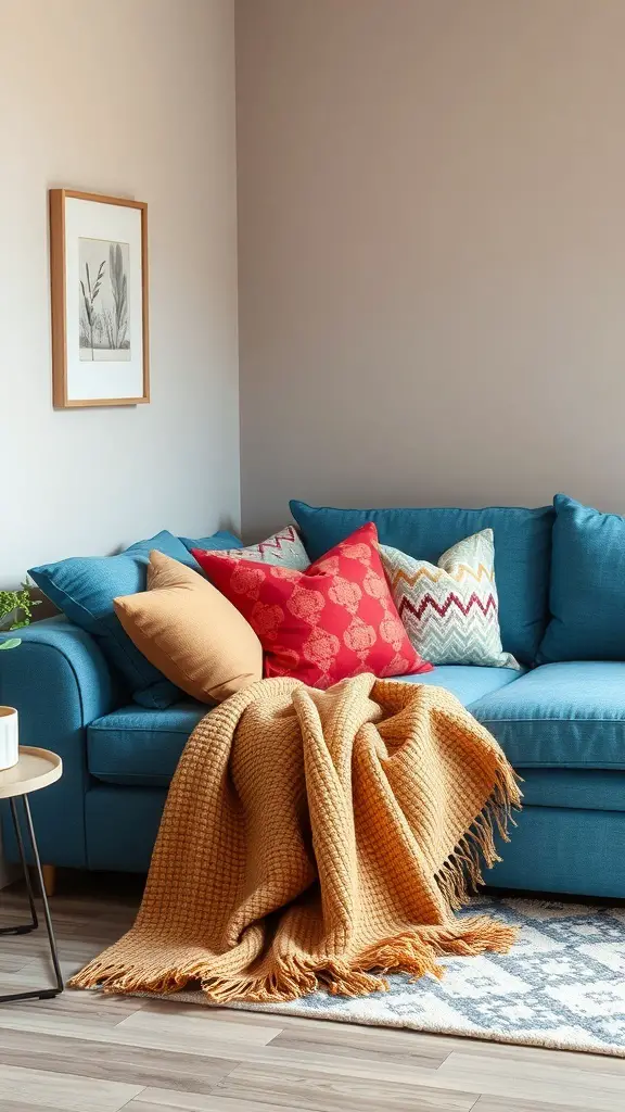 29+ Stunning Blue Couch Living Room Ideas You’ll Love 6 A cozy blue couch with colorful pillows and a golden throw blanket in a living room setting.