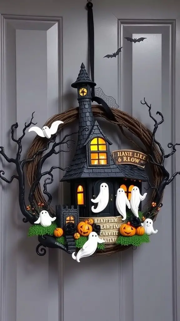 27+ Spooktacular Halloween Wreath Ideas to Enhance Your Decor 15 A spooky Halloween wreath featuring a haunted house, ghost, and pumpkins.