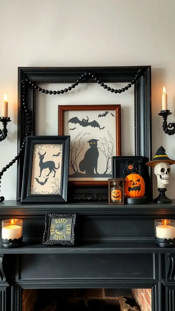 27+ Spook-tacular Halloween Mantel Decor Ideas with 15 Must-Have Items 4 A Halloween mantel decorated with vintage frames, featuring spooky artwork, candles, and Halloween-themed decor.