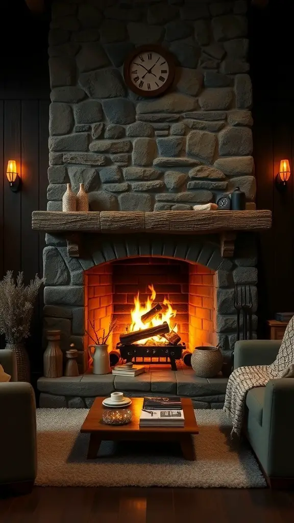 A rustic stone fireplace with a warm fire, wooden mantel, and cozy seating in a living room.