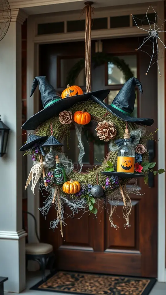 27+ Spooktacular Halloween Wreath Ideas to Enhance Your Decor 9 A Halloween wreath featuring witch hats, pumpkins, and potion bottles, hanging on a front door.