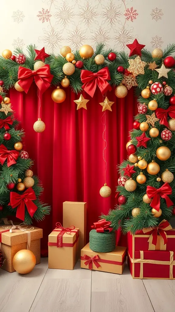 33+ Festive Christmas Party Decor Ideas to Elevate Your Holiday Celebration 17 A festive Christmas decoration featuring red curtains, gold ornaments, and green garlands with gift boxes.