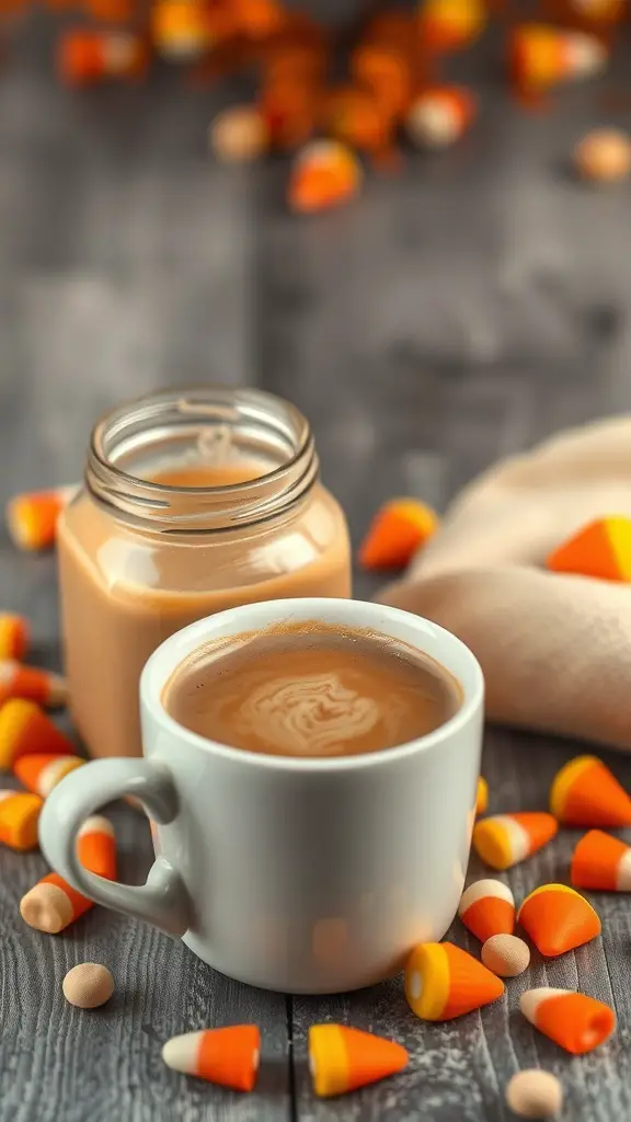 23+ Spooktacular Halloween Coffee Bar Ideas for a Festive Fall Celebration 6 A cup of coffee with candy corn coffee creamer, surrounded by candy corn pieces.