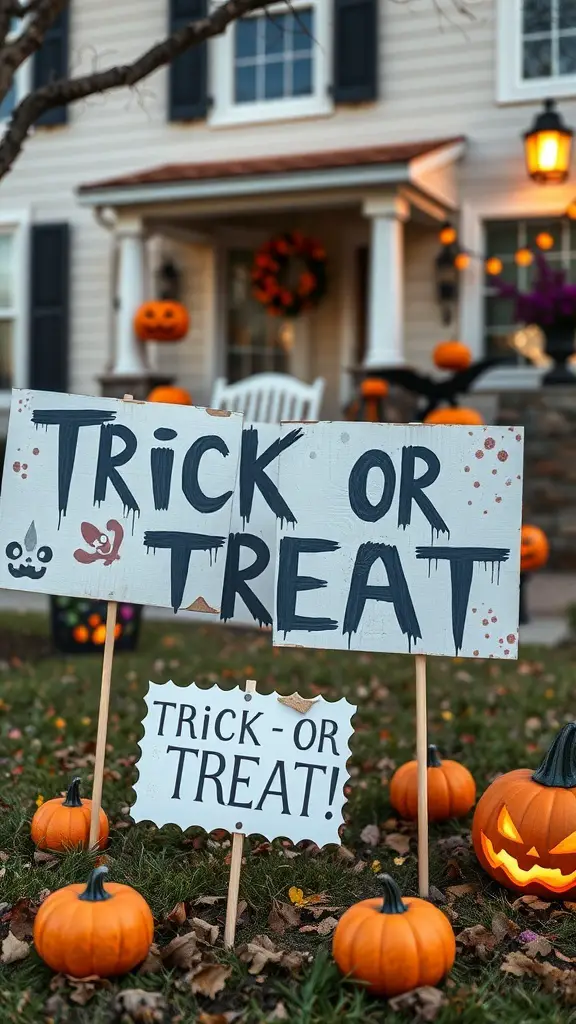 Handmade Trick-or-Treat signs in a yard with pumpkins