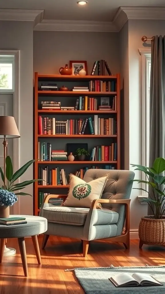 Cozy reading nook with a modern chair, small table, and a bookshelf filled with books.