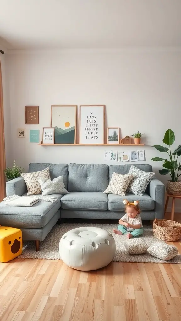 A cozy living room featuring a grey couch, playful decor, and a child sitting on the floor.