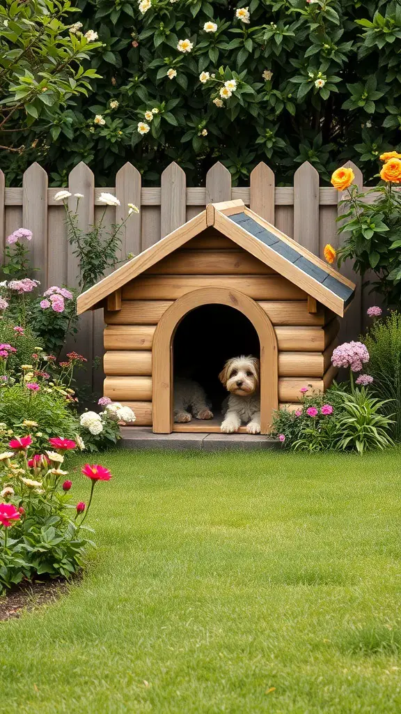 A wooden dog house surrounded by colorful flowers in a backyard.