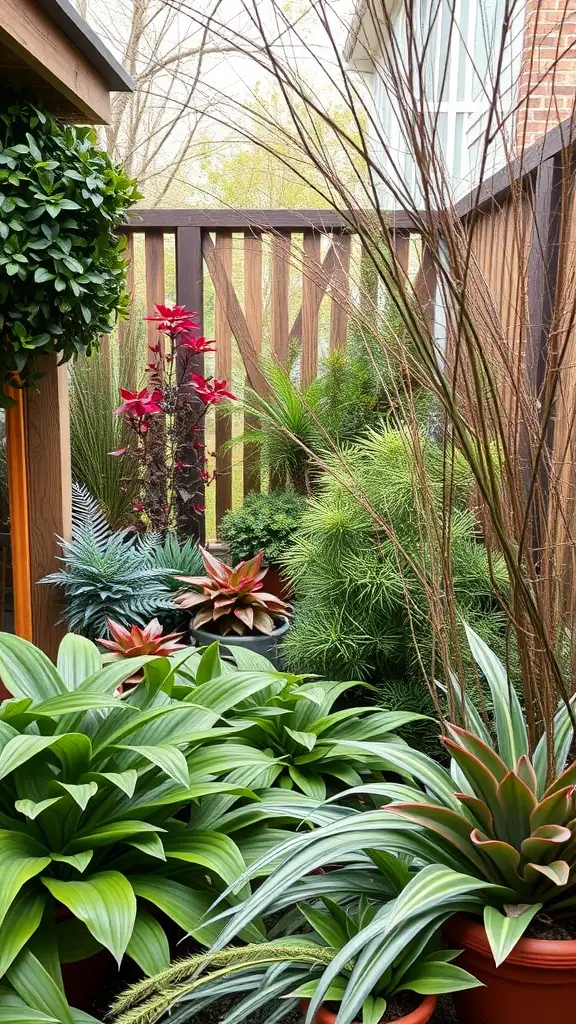 A collection of seasonal fake plants in a landscaped area.