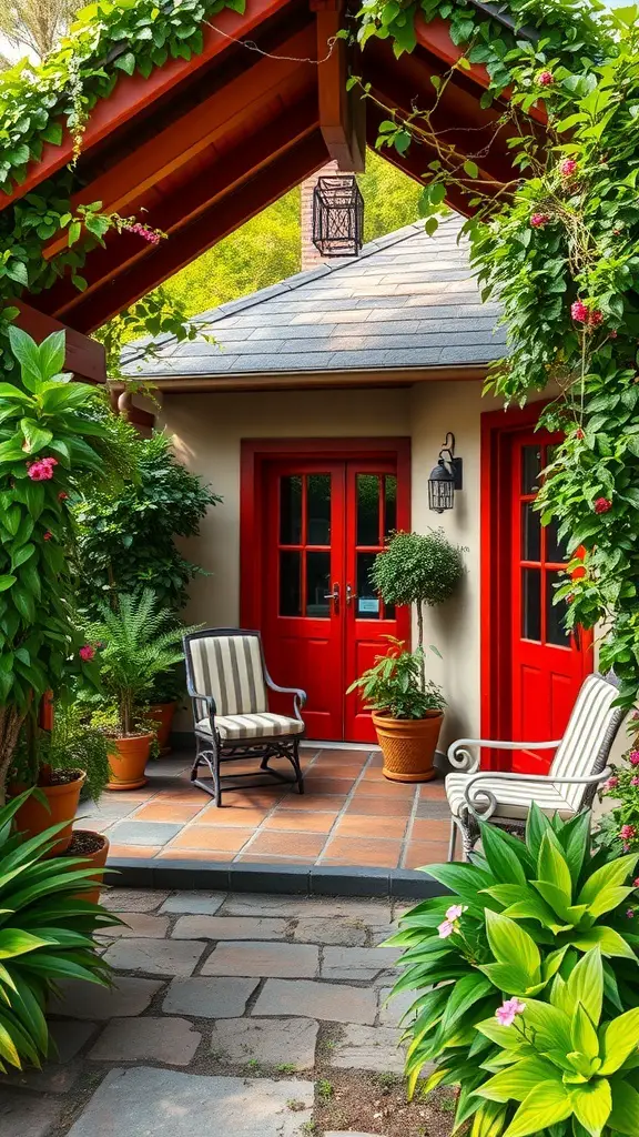 A cozy cottage patio with lush greenery and vibrant flowers surrounding red doors.