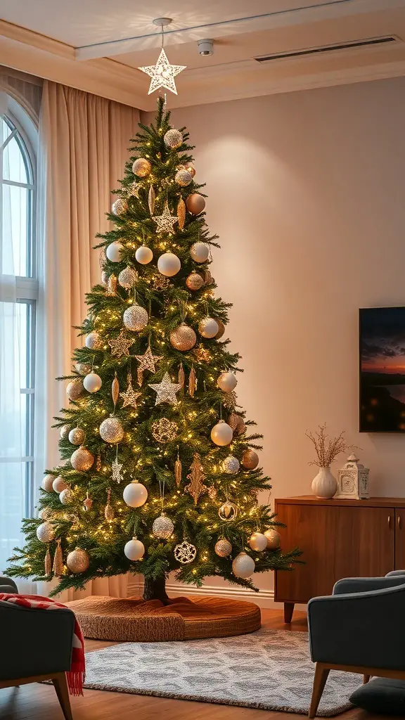 A beautifully decorated Christmas tree with gold and white ornaments, twinkling lights, and a cozy living room setting.