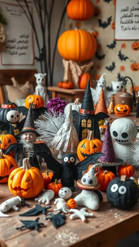 A colorful display of Halloween-themed paper mache decorations including pumpkins, ghosts, and bats.