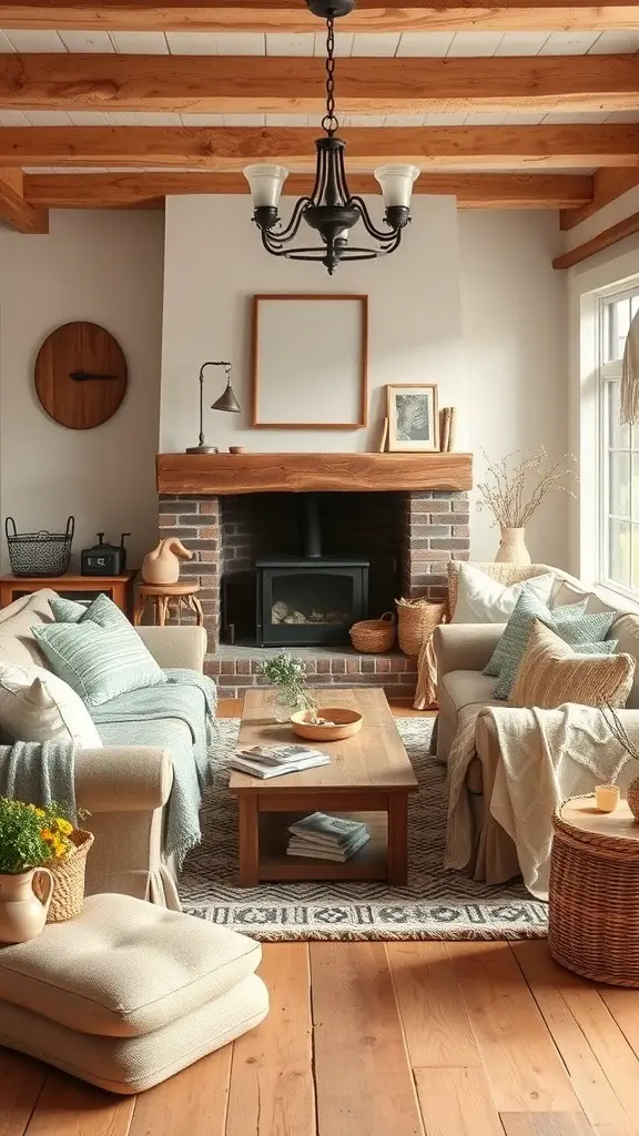 27+ Vintage Farmhouse Living Room Ideas for Cozy Charm 9 Vintage farmhouse living room featuring warm earthy tones and cozy decor.