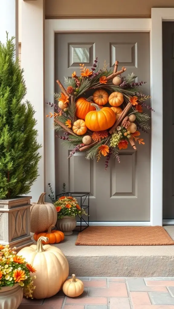 25+ Creative DIY Fall Wreath Ideas to Brighten Your Home 13 A pumpkin spice-themed wreath with pumpkins, cinnamon sticks, and flowers on a door.