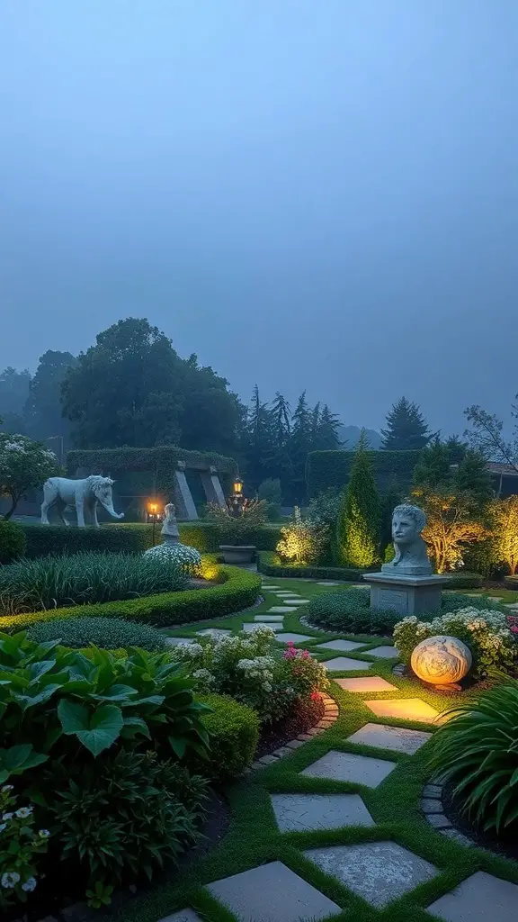 A beautifully lit garden featuring spotlights highlighting sculptures and pathways.