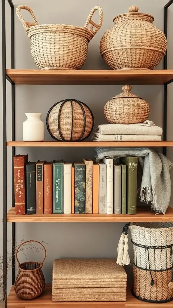 A stylish shelf featuring woven baskets, books, and a cozy blanket.
