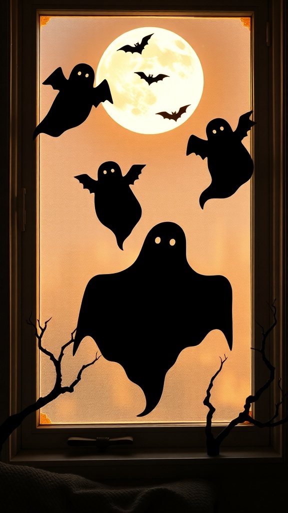25+ Spooktacular Dollar Tree Halloween Decor Ideas Under $25 4 Window decorated with ghost and bat silhouettes against a glowing moon