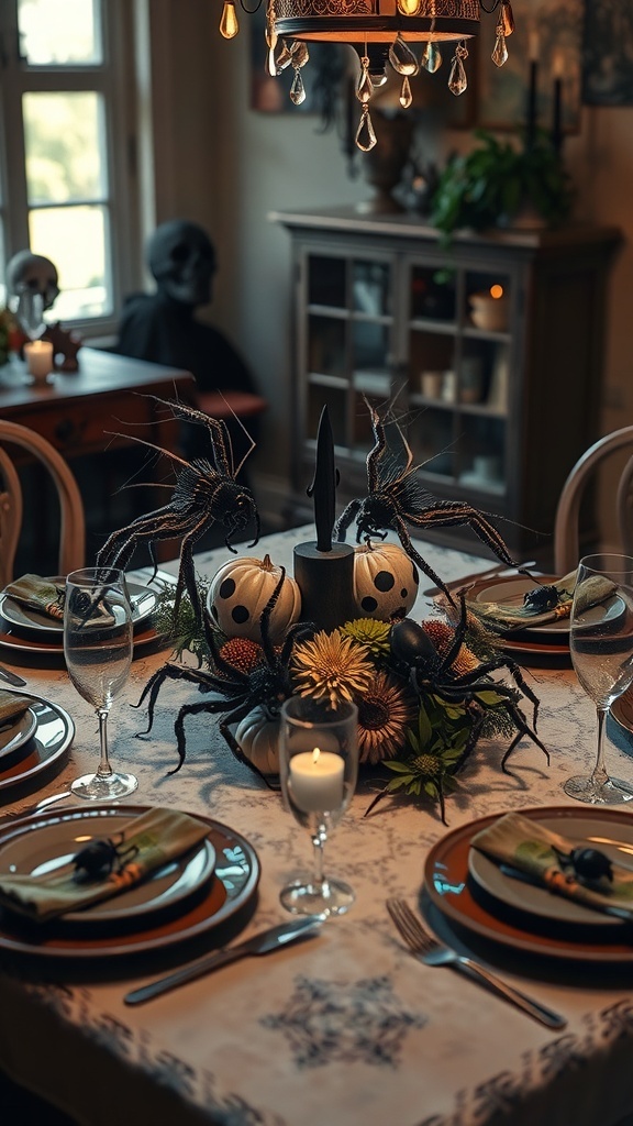 29+ Creative Halloween DIY Decorations to Scare Up Your Home 14 A Halloween-themed dining table with black and white pumpkins, faux spiders, and elegant glassware.