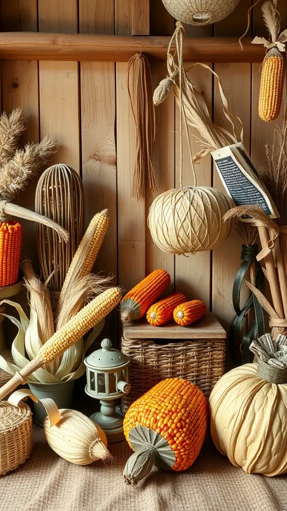 27+ Enchanting Vintage Halloween Decorations to Elevate Your Spooky Season 11 A collection of traditional corn husk decorations, including pumpkins and corn cobs, arranged on a wooden backdrop.