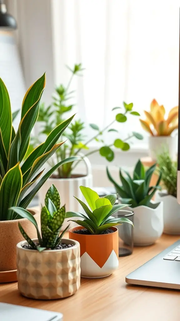 27+ Unique Christmas Gifts for Your Coworkers This Holiday Season 16 A variety of small desk plants in decorative pots on a wooden desk