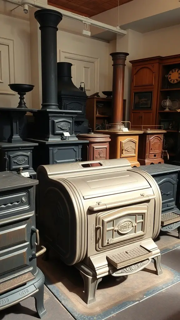 A collection of vintage wood stoves showcasing various styles and designs.