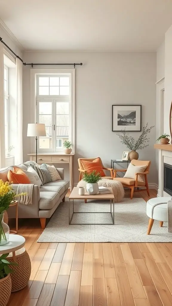 29+ Modern Cottage Living Room Ideas You’ll Love 12 A cozy modern cottage living room with soft textures and warm hues, featuring a light sofa, wooden floors, and decorative plants.