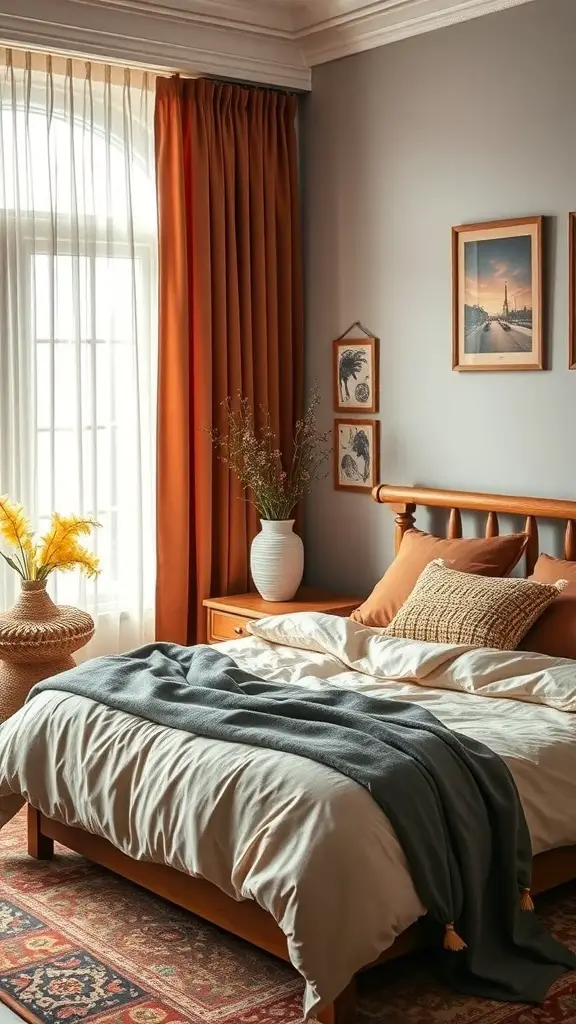 Cozy bedroom with warm fall colors and decor