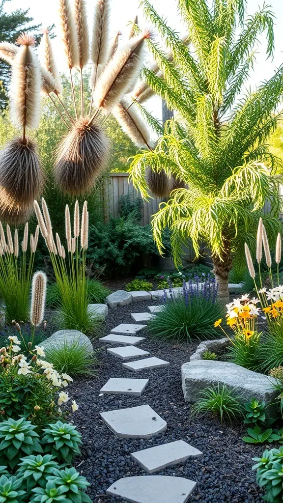 A beautiful zeroscaped backyard featuring a pathway, diverse plants, and natural elements.
