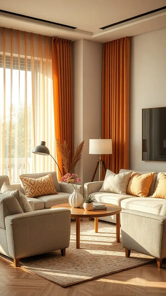 A warm earthy living room with orange curtains, gray furniture, and a cozy atmosphere.
