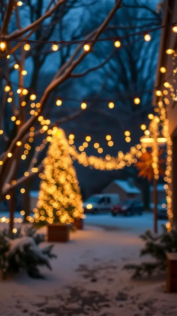 A snowy path with twinkling fairy lights and a decorated tree