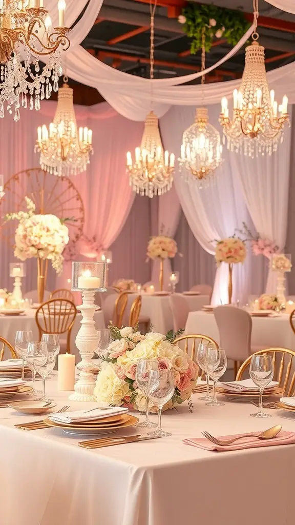 27+ Stunning Wedding Theme Color Schemes to Inspire Your Big Day 13 Wedding reception setup with blush and gold theme, featuring floral arrangements and chandeliers.
