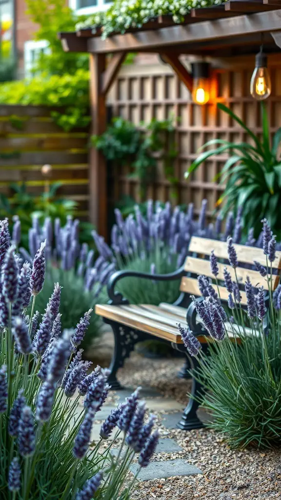 21+ Stunning Lavender and Hydrangea Landscaping Ideas to Transform Your Garden 14 A serene garden featuring lavender plants, a wooden bench, and warm lighting.