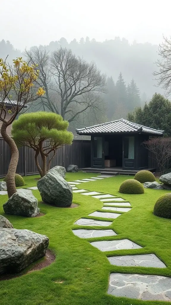 21+ Stunning Shed Landscaping Ideas to Transform Your Garden 14 A serene Zen garden featuring a shed, stone path, and lush greenery.