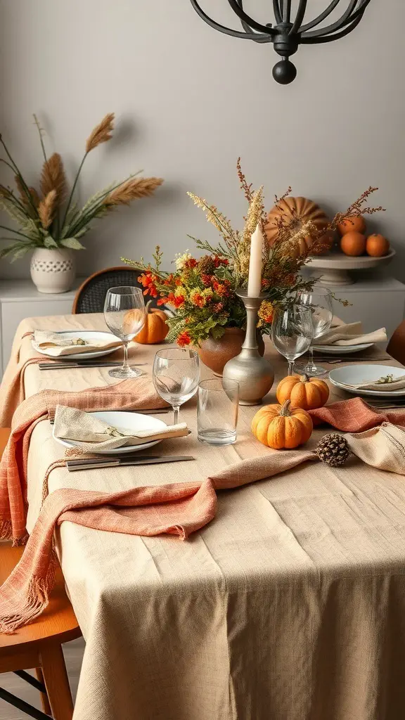 25+ Stunning Fall Dining Table Decor Ideas You Need to Try 12 A beautifully set fall dining table with layered linens, pumpkins, and floral arrangements.