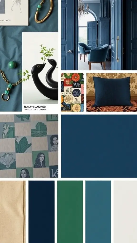 Color palette inspired by Ralph Lauren featuring deep blues, muted greens, and earthy tones.