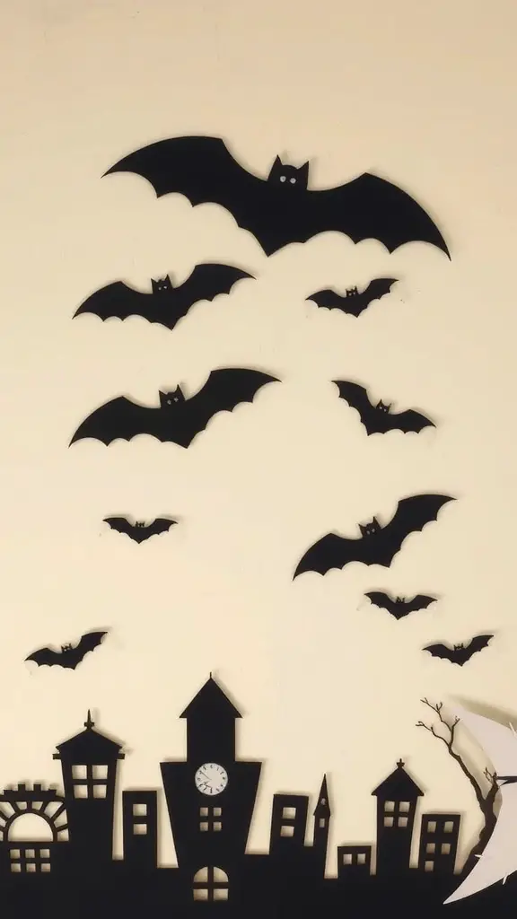 Black bat wall art on a light background with a spooky cityscape