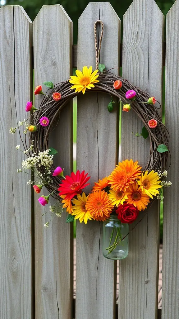 25+ Creative DIY Fall Wreath Ideas to Brighten Your Home 9 A colorful fall wreath made of natural vines and bright flowers, featuring a mason jar for added decoration.