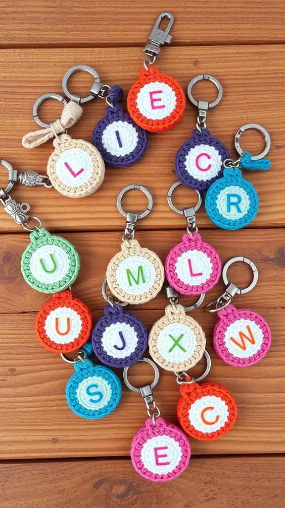 Colorful personalized crochet keychains with letters on a wooden surface.