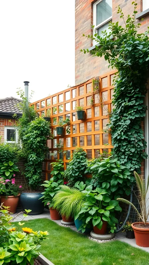A townhouse garden featuring a wooden trellis covered in greenery and potted plants.