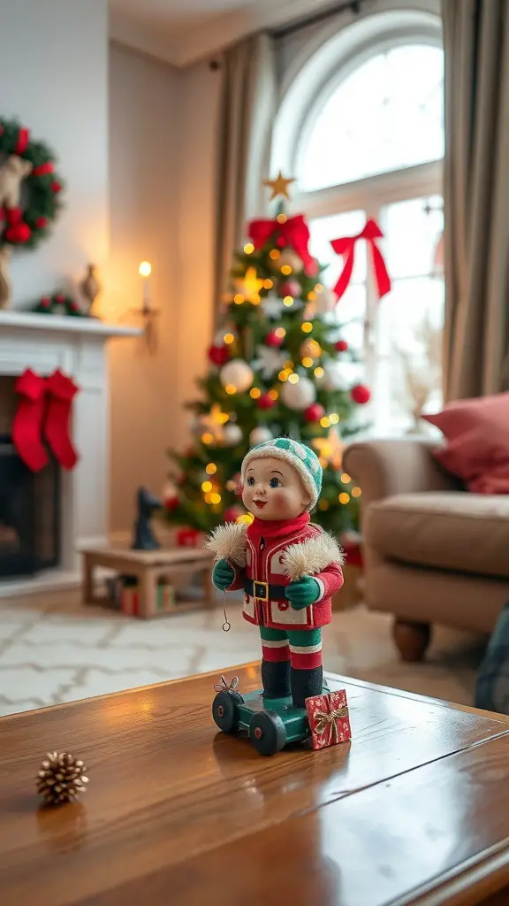 A vintage Christmas doll on a coffee table with a decorated Christmas tree and stockings in the background.