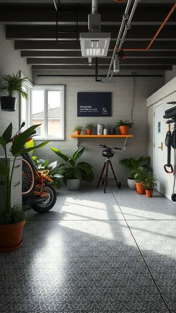 A stylish garage with eco-friendly epoxy flooring, plants, and natural light.