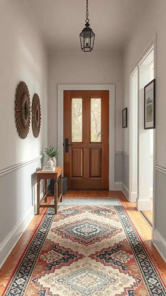 27+ Fall Entry Table Decor Ideas with 16 A cozy hallway with a patterned rug, wooden door, and decorative elements.