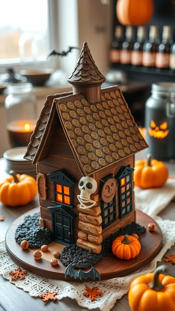 23+ Spooktacular Halloween Coffee Bar Ideas for a Festive Fall Celebration 4 A haunted house coffee cake decorated with chocolate shingles, glowing windows, and surrounded by mini pumpkins.