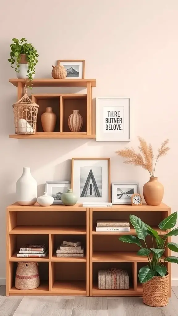 A well-decorated shelf in a living room featuring plants, vases, and framed art.
