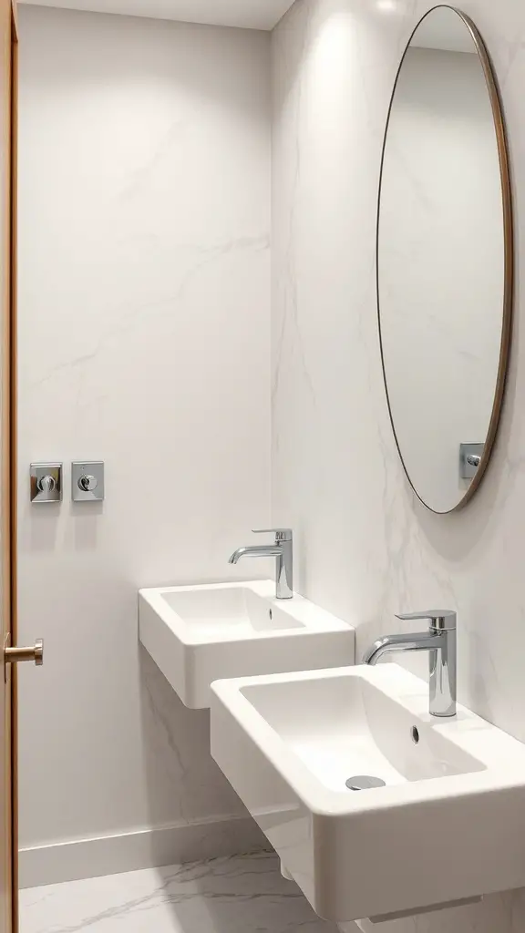 27+ Stunning Statement Powder Room Ideas to Transform Your Space 16 Modern powder room with two wall-mounted sinks and a round mirror
