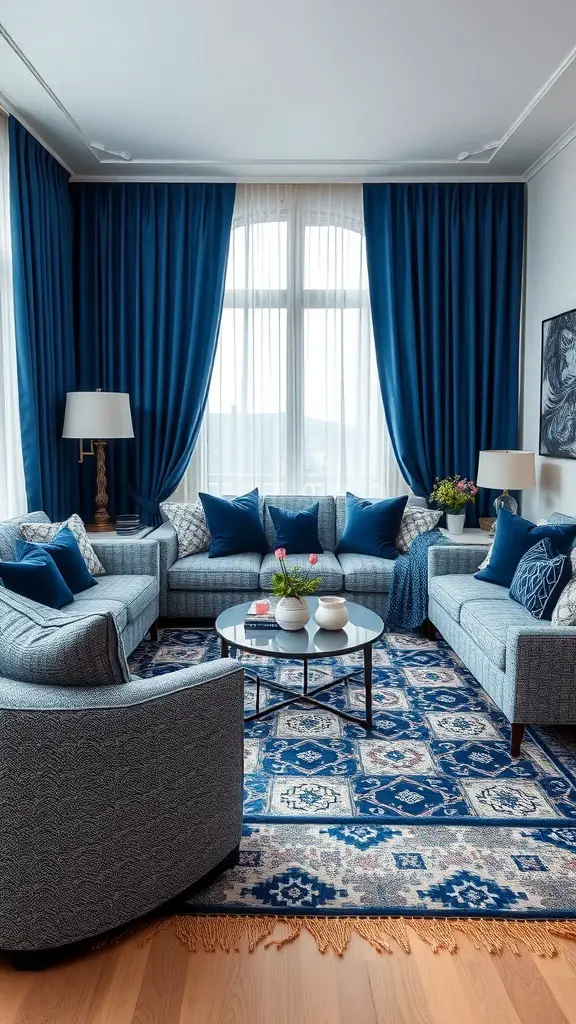29+ Stunning Navy Blue Living Room Ideas to Transform Your Space 9 A navy blue living room featuring layered patterns with curtains, cushions, and a rug.