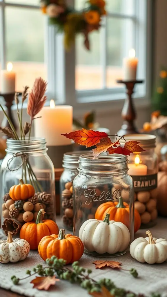 35+ Creative Fall Craft Ideas You’ll Love 8 Fall-themed mason jars filled with pumpkins, pinecones, and leaves, creating a cozy autumn display.