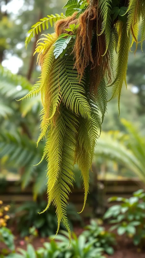 23+ Stunning Fall Garland Ideas for a Cozy Home Decor 18 A close-up of vibrant ferns hanging in a lush green environment.